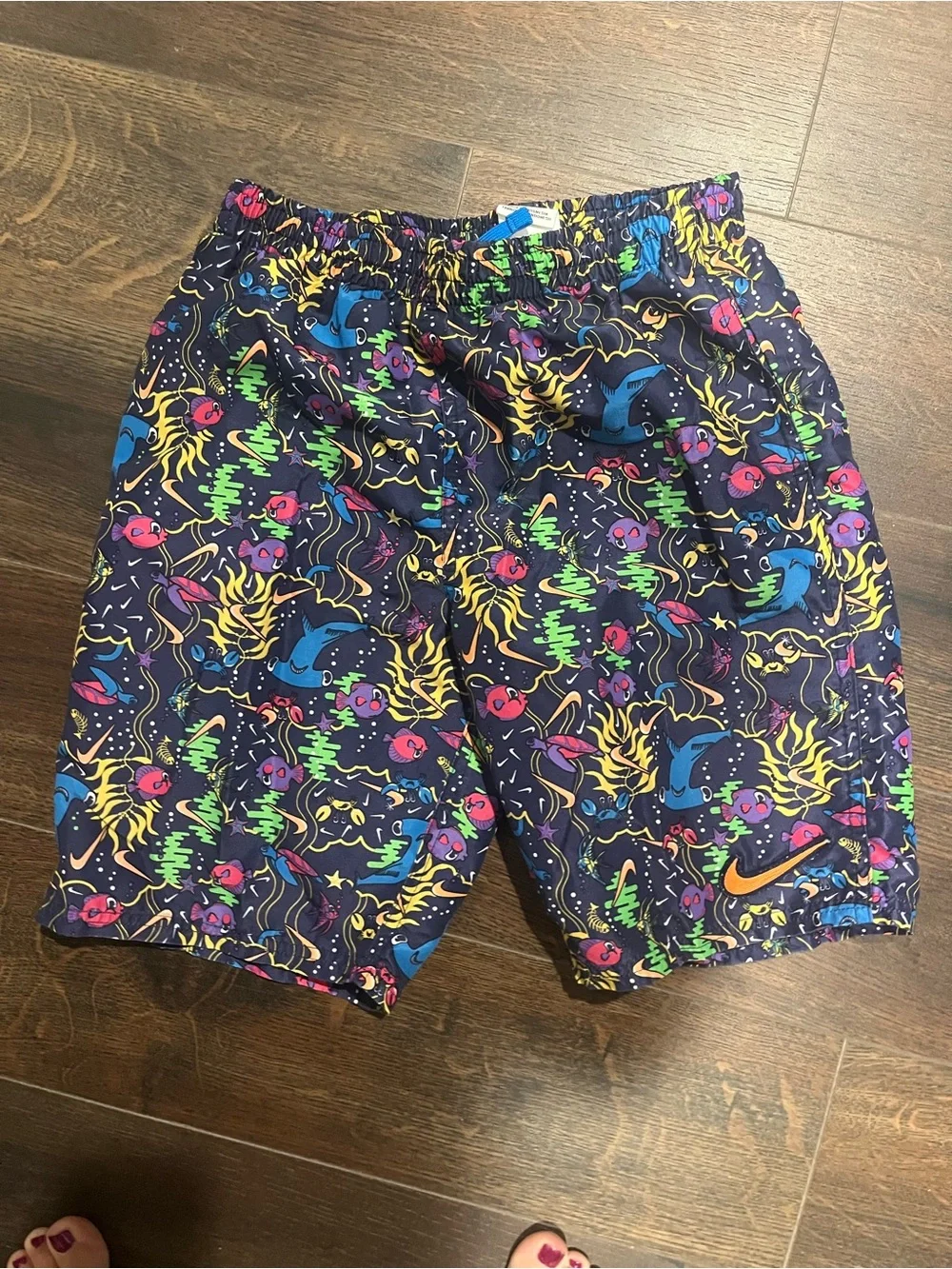 Nike Kids Navy Swim Trunks with Neon Multicolor Print
